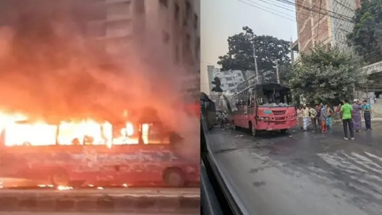 Bus set on fire near Labaid Hospital in Dhanmondi