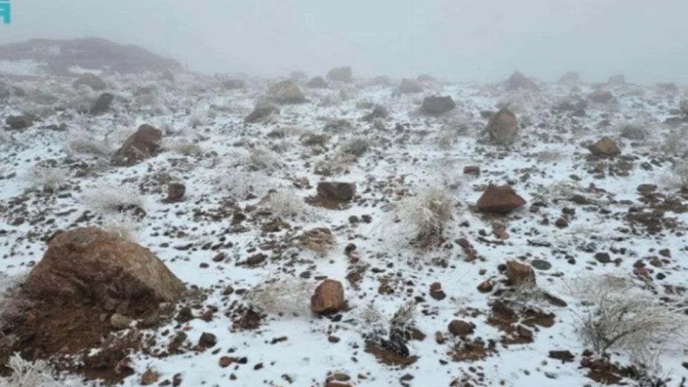 Snow blankets Al-Lawz Mountains in Saudi Arabia