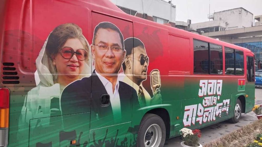 Red bus with ‘Bangladesh first’ slogan ready at Dhaka airport for Tarique