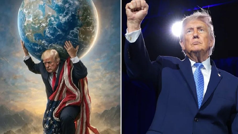 Trump carrying the world on his shoulders, photo makes people laugh