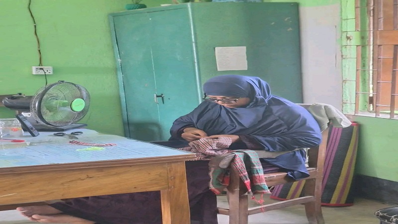 Headmistress with needle and thread, mending a student’s torn garment