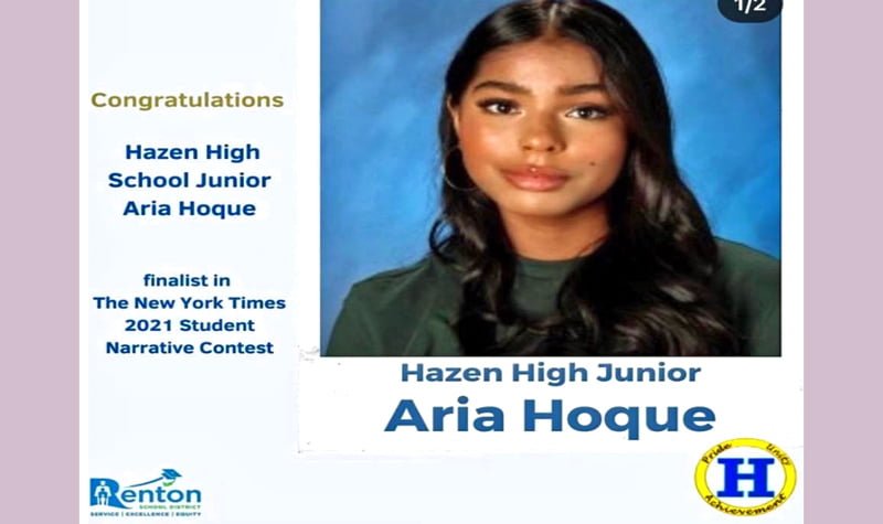 Bangladeshi student Aria Hoque won best essay writing in New York Times