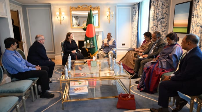 UK team briefs Prof Yunus on HMS Enterprise